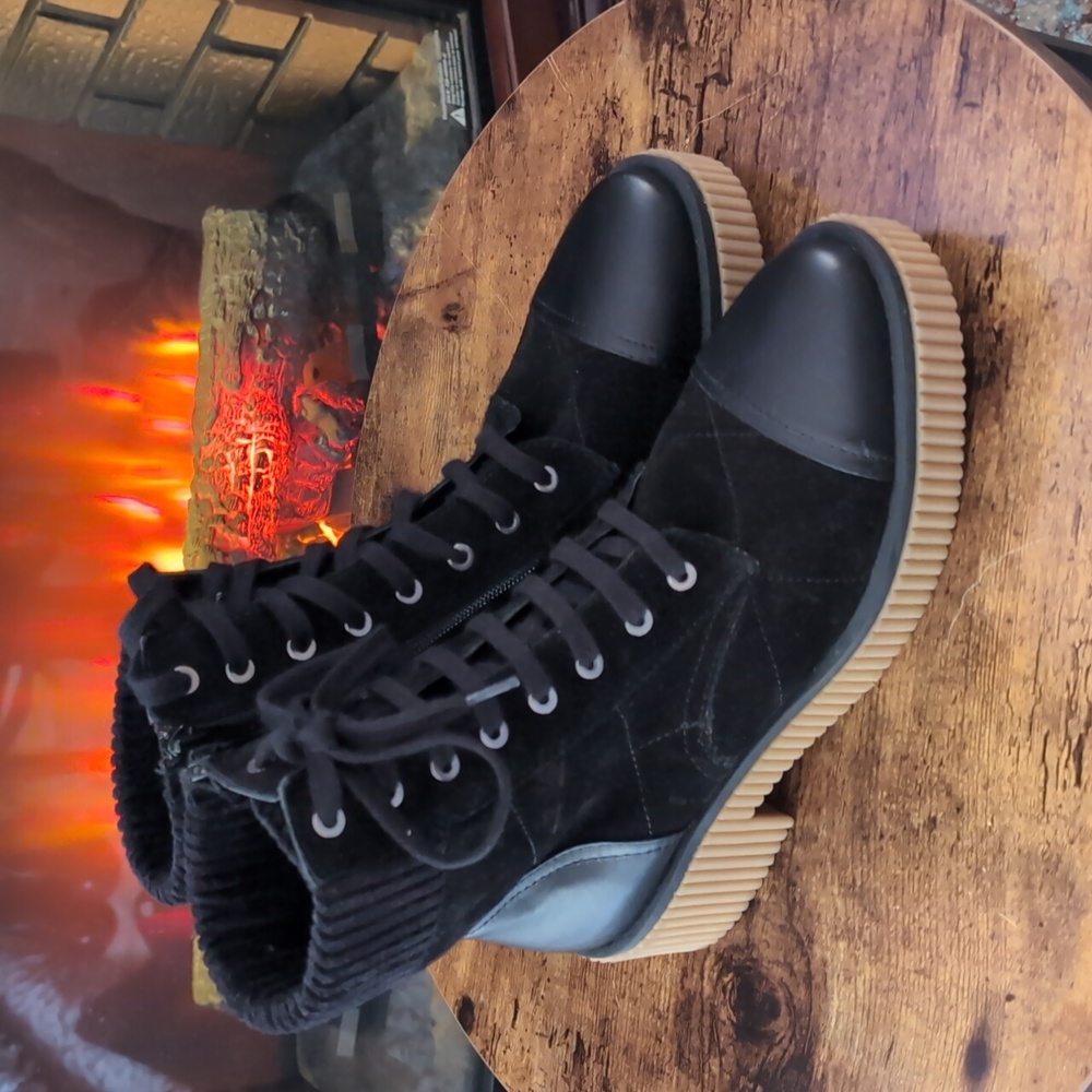 Vaneli Black Suede Combat Boots with Gum Sole